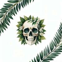 Watercolor Skull and Leaves Clipart photo