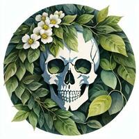 Watercolor Skull and Leaves Clipart photo