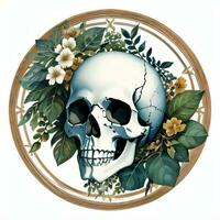 Watercolor Skull and Leaves Clipart photo