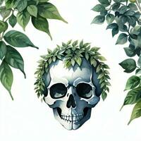 Watercolor Skull and Leaves Clipart photo