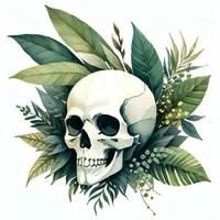 Watercolor Skull and Leaves Clipart photo