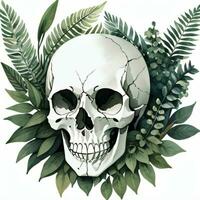 Watercolor Skull and Leaves Clipart photo