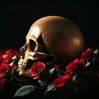 The Skull and Roses on the Black Background photo