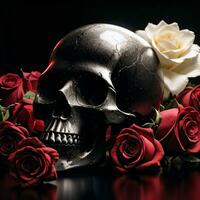 The Skull and Roses on the Black Background photo