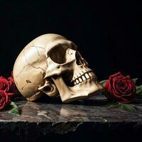 The Skull and Roses on the Black Background photo