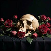 The Skull and Roses on the Black Background photo