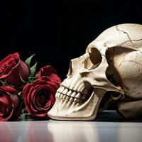 The Skull and Roses on the Black Background photo