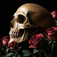 The Skull and Roses on the Black Background photo