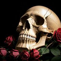 The Skull and Roses on the Black Background photo