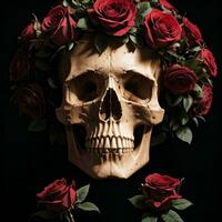 The Skull and Roses on the Black Background photo