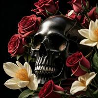 The Skull and Roses on the Black Background photo