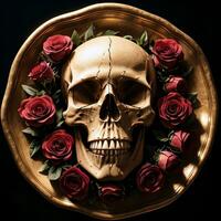 The Skull and Roses on the Black Background photo