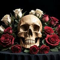 el cráneo y rosas en el negro antecedentes foto