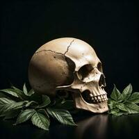 Skull and foliage on the black background photo