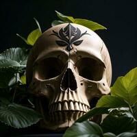 Skull and foliage on the black background photo