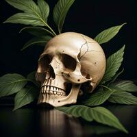 Skull and foliage on the black background photo