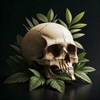 Skull and foliage on the black background photo