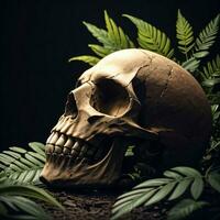 Skull and foliage on the black background photo