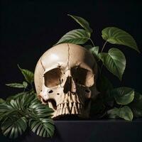 Skull and foliage on the black background photo