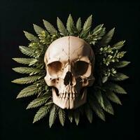 Skull and foliage on the black background photo