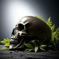 Skull and foliage on the black background photo