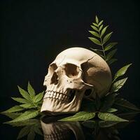 Skull and foliage on the black background photo