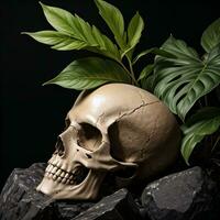 Skull and foliage on the black background photo