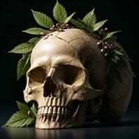 Skull and foliage on the black background photo