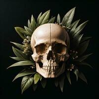 Skull and foliage on the black background photo