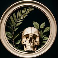 Skull and foliage on the black background photo