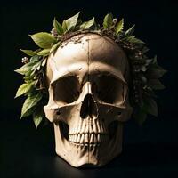 Skull and foliage on the black background photo