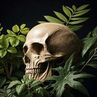 Skull and foliage on the black background photo