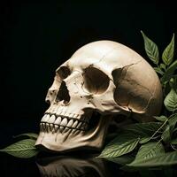 Skull and foliage on the black background photo