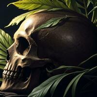 Skull and foliage on the black background photo