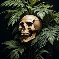 Skull and foliage on the black background photo