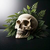 Skull and foliage on the black background photo