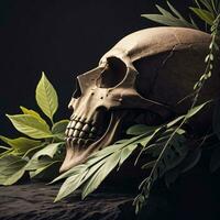 Skull and foliage on the black background photo