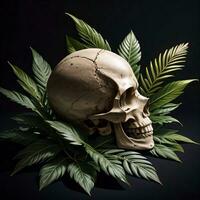 Skull and foliage on the black background photo