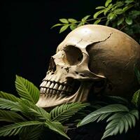 Skull and foliage on the black background photo