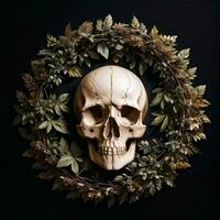 Skull and foliage on the black background photo