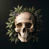 Skull and foliage on the black background photo