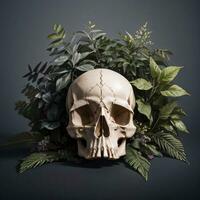 Skull and foliage on the black background photo