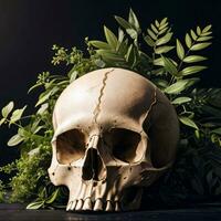 Skull and foliage on the black background photo