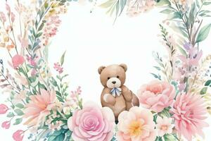 Watercolor Wedding or Birthday Greetings Card Background with Teddy Bear photo