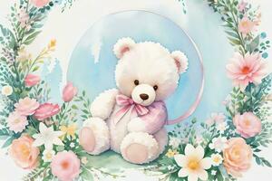 Watercolor Wedding or Birthday Greetings Card Background with Teddy Bear photo