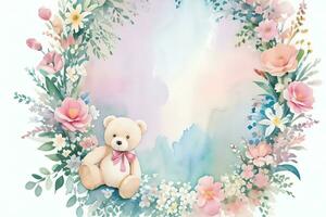 Watercolor Wedding or Birthday Greetings Card Background with Teddy Bear photo