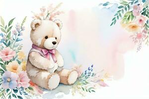 Watercolor Wedding or Birthday Greetings Card Background with Teddy Bear photo