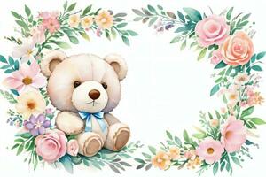 Watercolor Wedding or Birthday Greetings Card Background with Teddy Bear photo