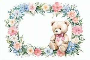 Watercolor Wedding or Birthday Greetings Card Background with Teddy Bear photo