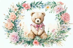 Watercolor Wedding or Birthday Greetings Card Background with Teddy Bear photo